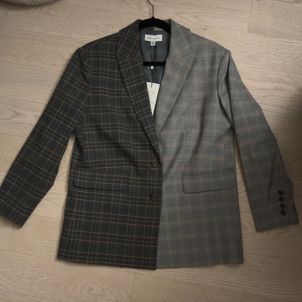 NWT UNIQUE Something Navy Two-Tone Plaid Blazer